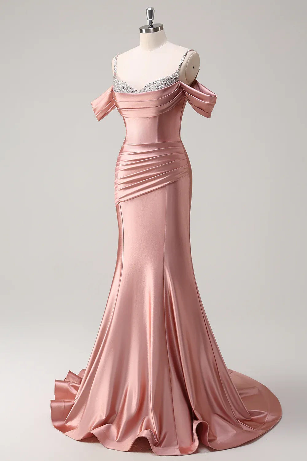 Mermaid Cold Shoulder Pleated Sequins Satin Rose Gold Long Prom Dress