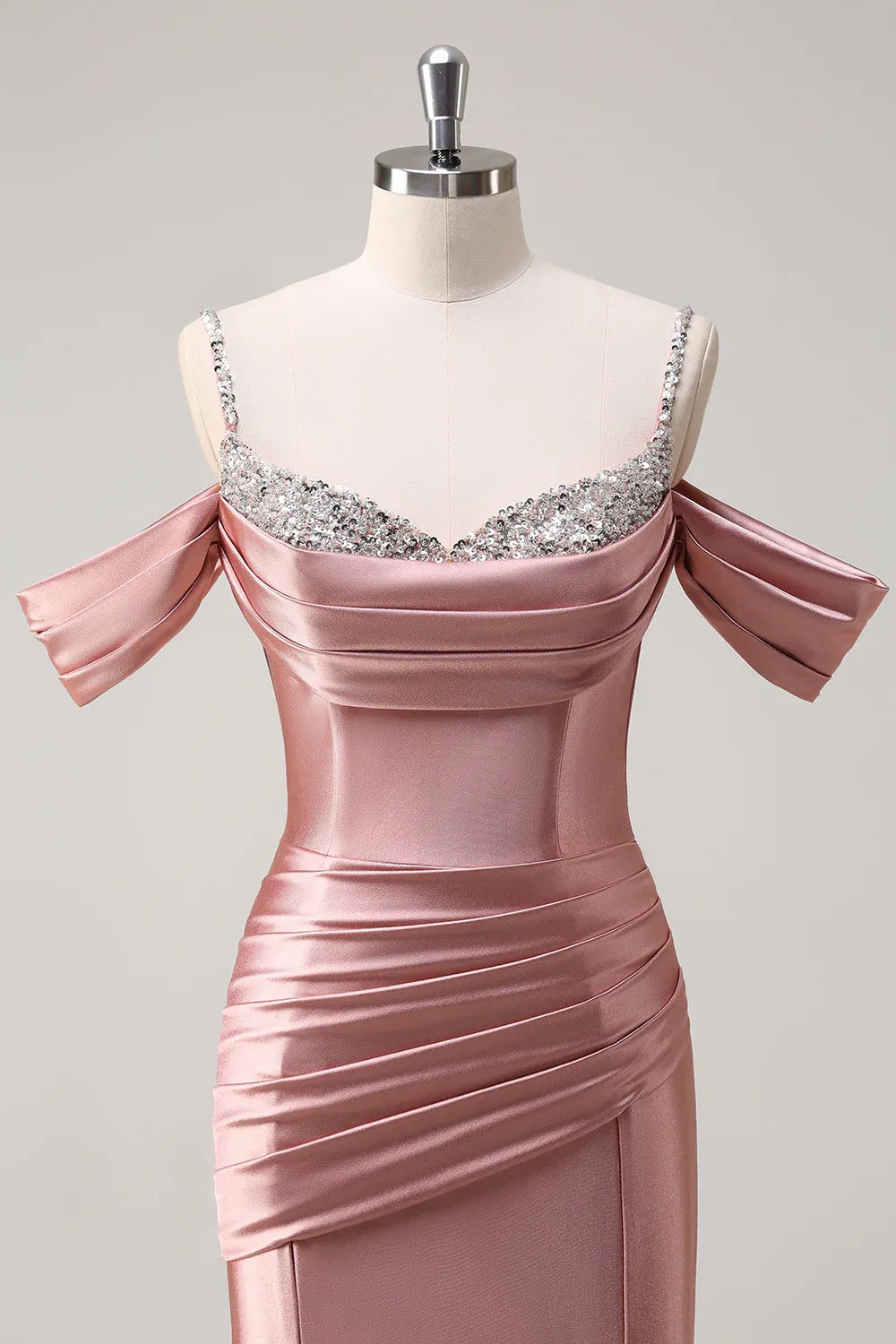 Mermaid Cold Shoulder Pleated Sequins Satin Rose Gold Long Prom Dress