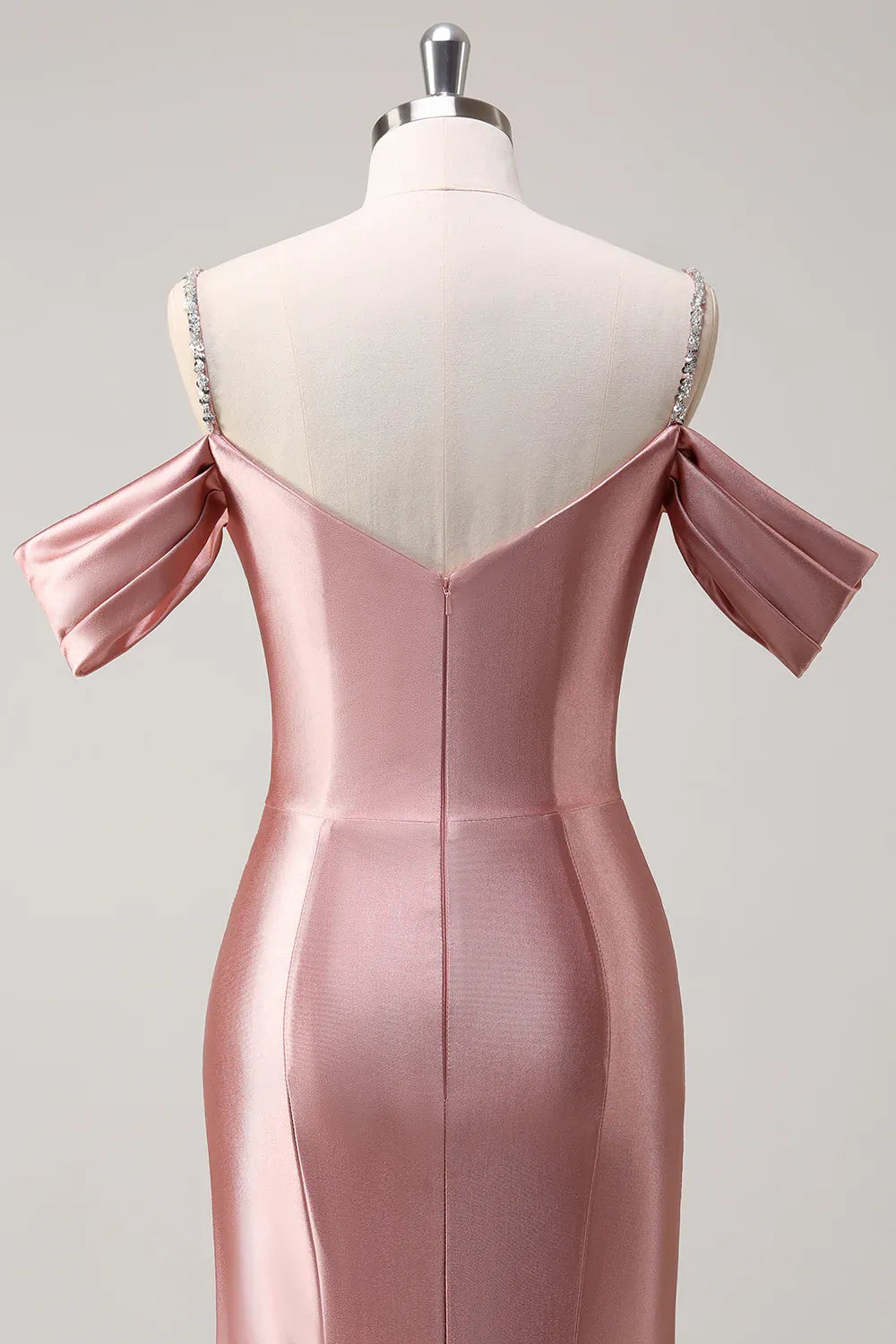 Mermaid Cold Shoulder Pleated Sequins Satin Rose Gold Long Prom Dress
