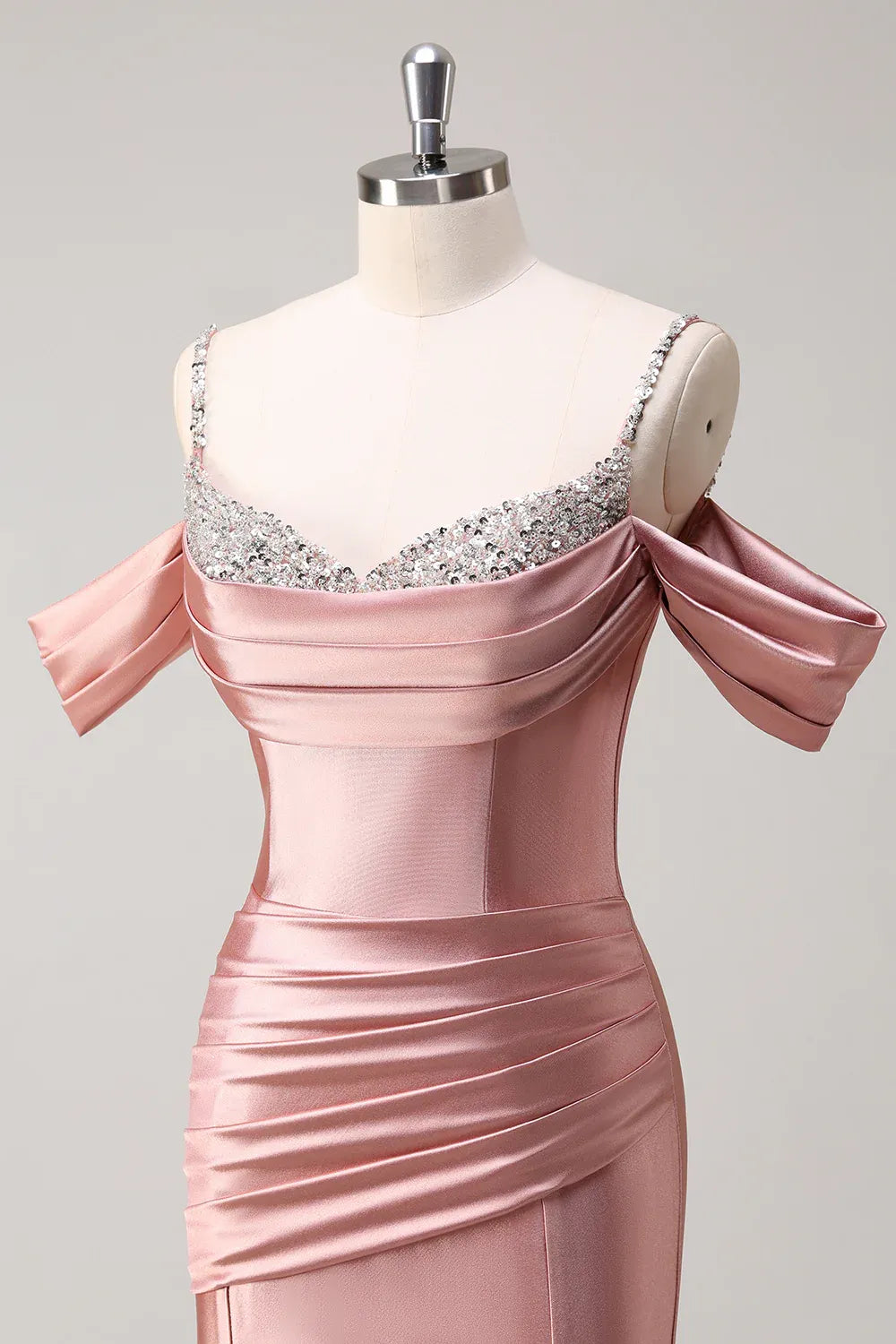 Mermaid Cold Shoulder Pleated Sequins Satin Rose Gold Long Prom Dress