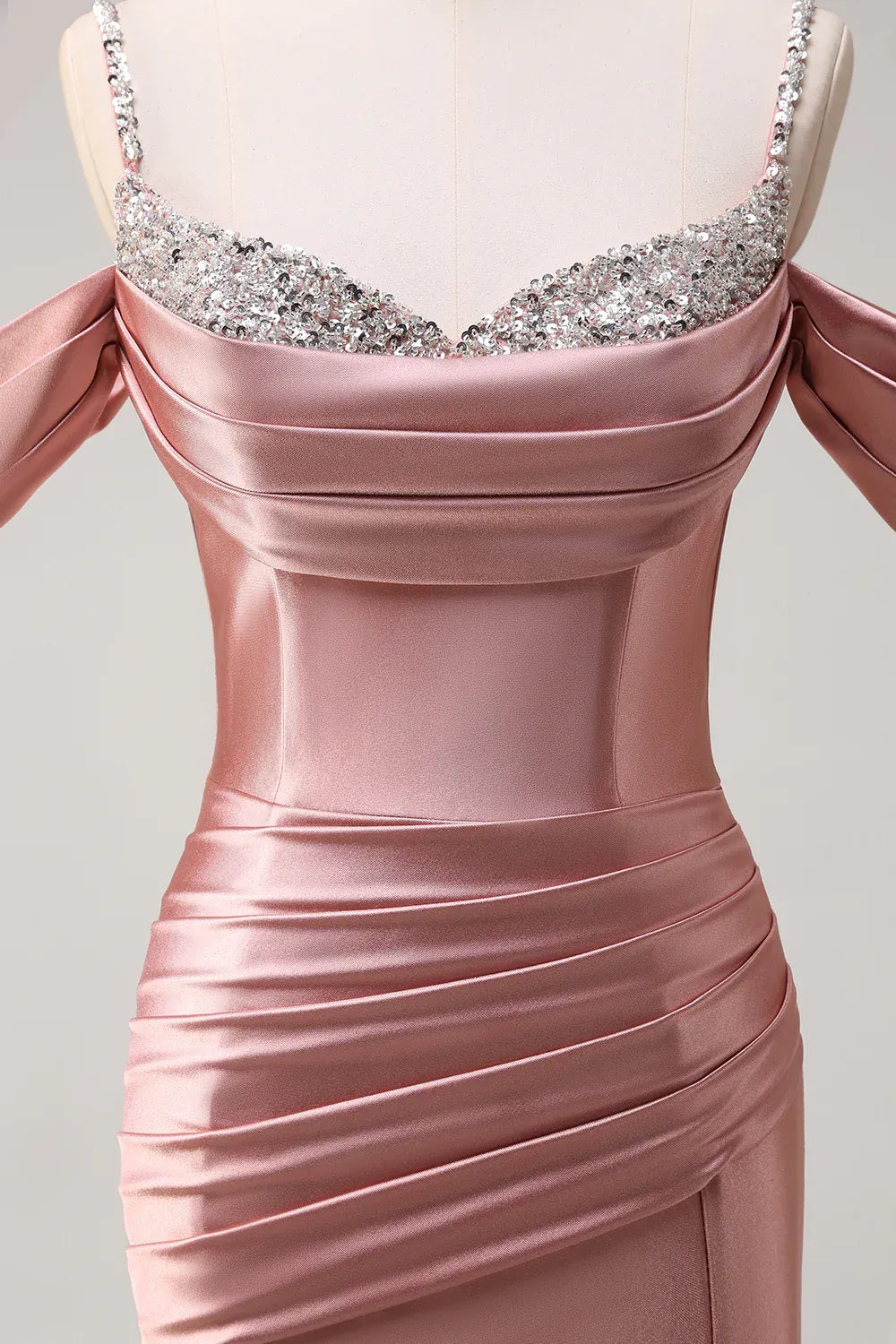 Mermaid Cold Shoulder Pleated Sequins Satin Rose Gold Long Prom Dress