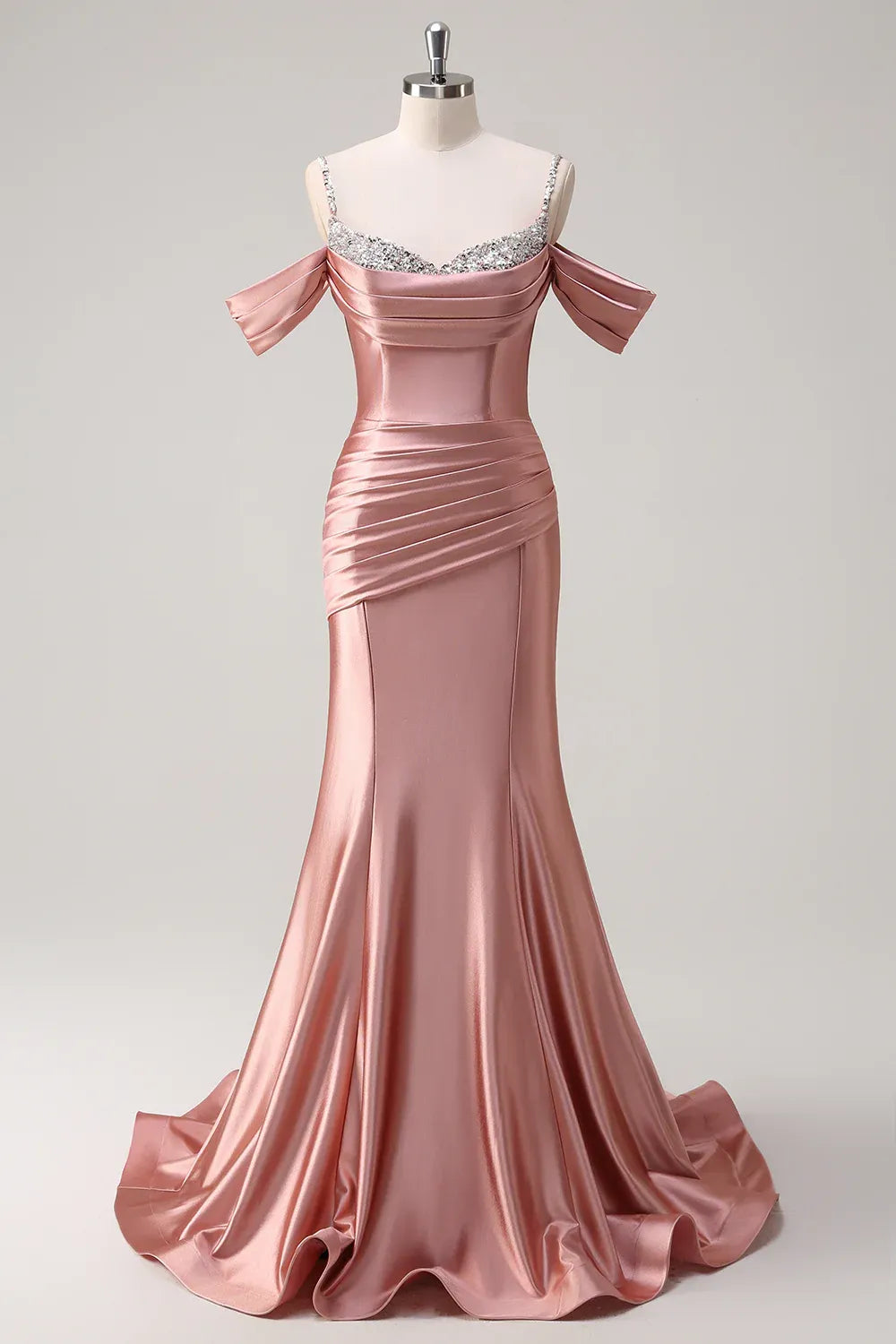 Mermaid Cold Shoulder Pleated Sequins Satin Rose Gold Long Prom Dress