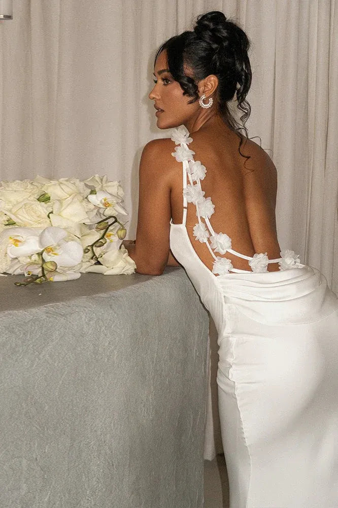 Mermaid Cowl Neck Spaghetti-Strap Backless 3D Flower Satin White Floor-Length Prom Dress