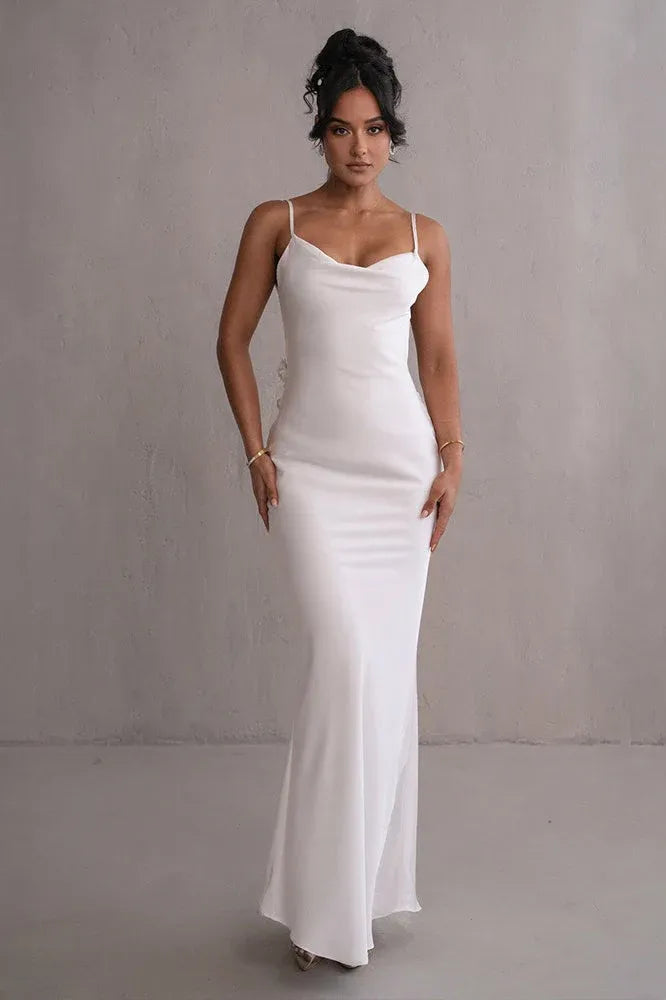 Mermaid Cowl Neck Spaghetti-Strap Backless 3D Flower Satin White Floor-Length Prom Dress