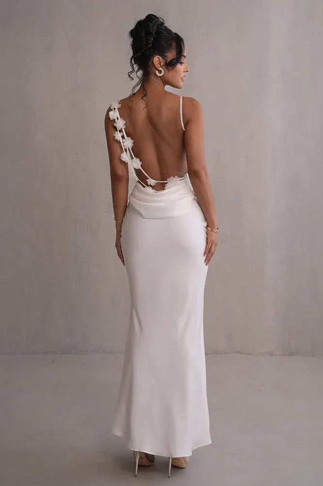 Mermaid Cowl Neck Spaghetti-Strap Backless 3D Flower Satin White Floor-Length Prom Dress