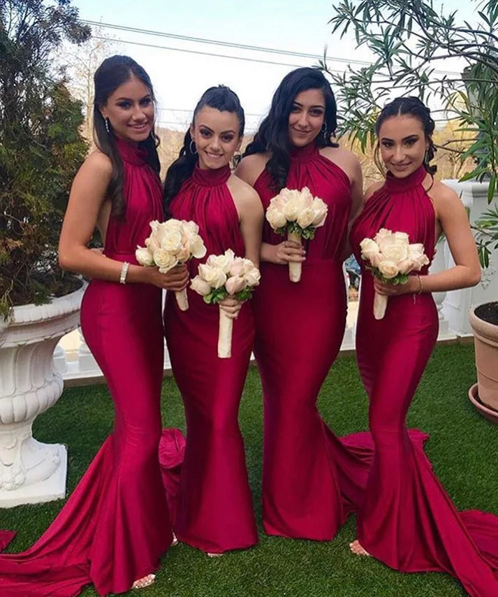 Mermaid Halter Backless Satin Burgundy Floor Length Bridesmaid Dresses