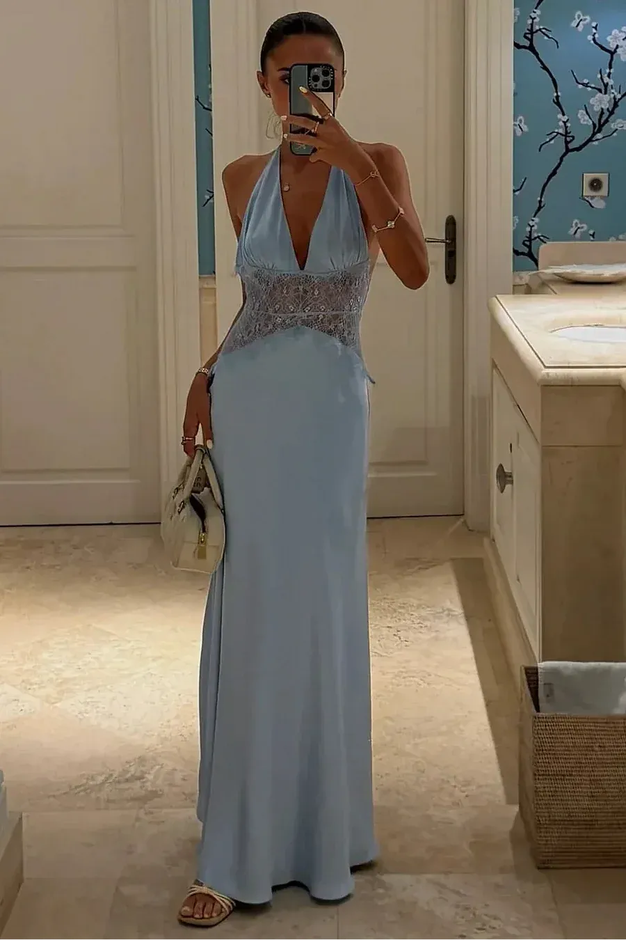 Mermaid Halter Lace Insert Satin Light Blue Long Prom Dress With Open Back