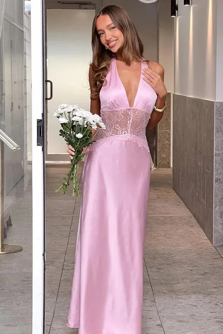 Mermaid Halter Lace Insert Satin Light Blue Long Prom Dress With Open Back