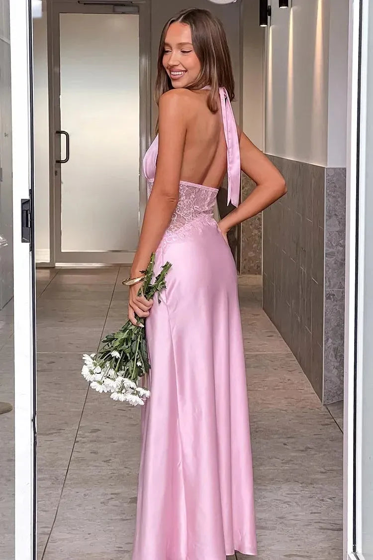 Mermaid Halter Lace Insert Satin Light Blue Long Prom Dress With Open Back