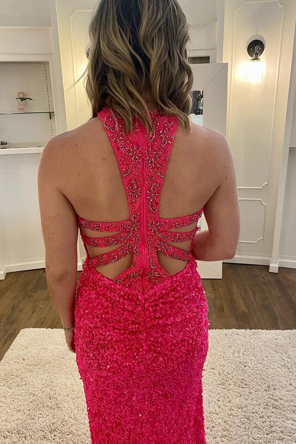 Mermaid Halter Neck Beaded Sequined Hot Pink Prom Dress With Split