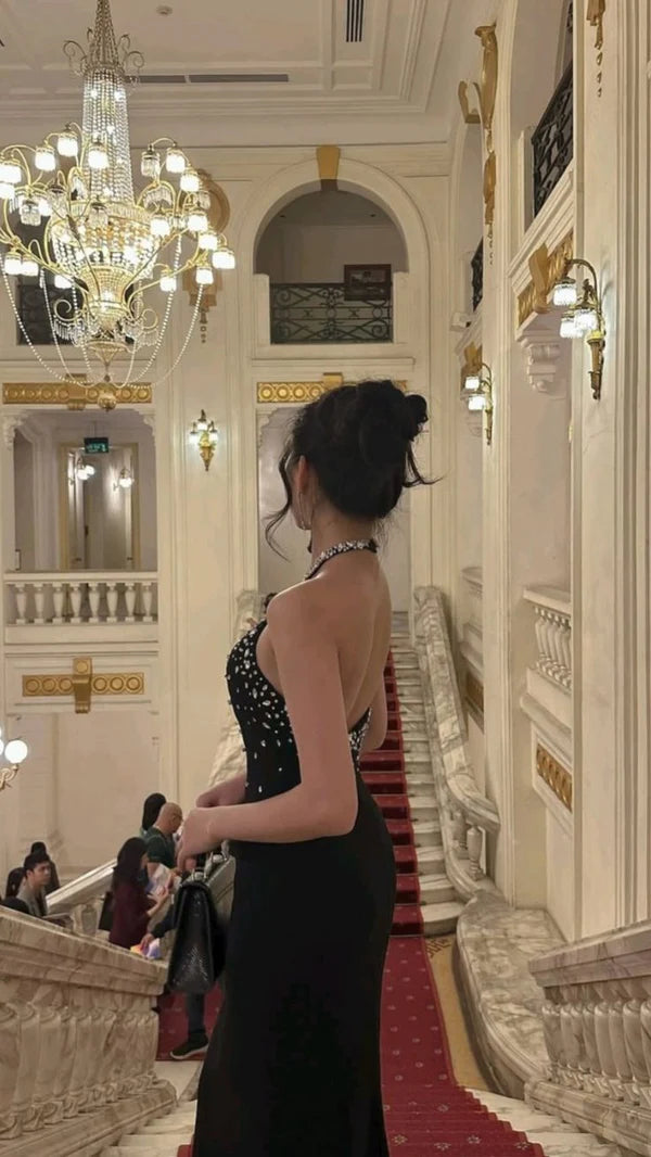 Mermaid Halter Neck Open Back Black Long Prom Dress With Rhinestones