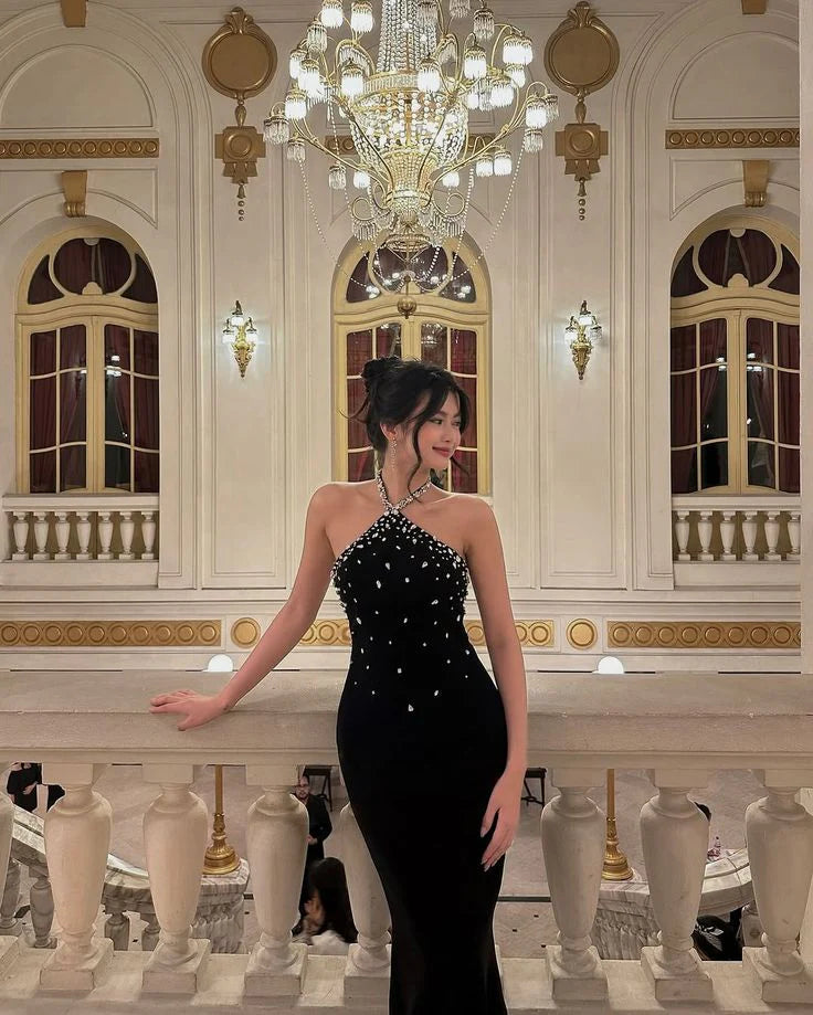 Mermaid Halter Neck Open Back Black Long Prom Dress With Rhinestones