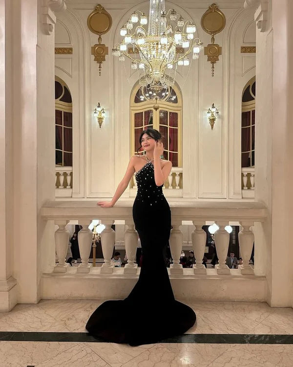 Mermaid Halter Neck Open Back Black Long Prom Dress With Rhinestones