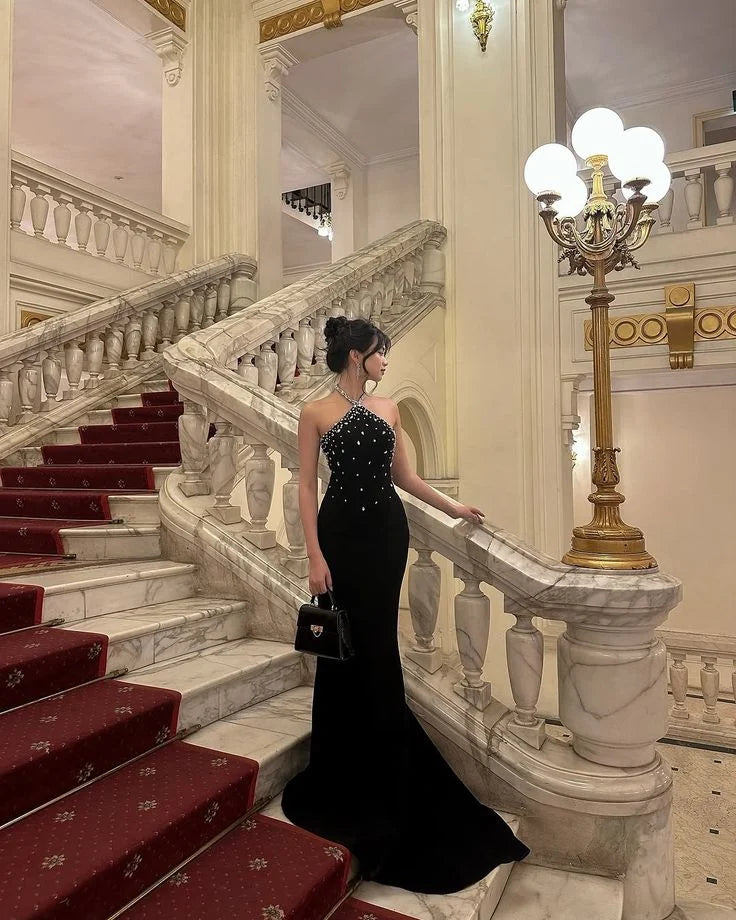 Mermaid Halter Neck Open Back Black Long Prom Dress With Rhinestones