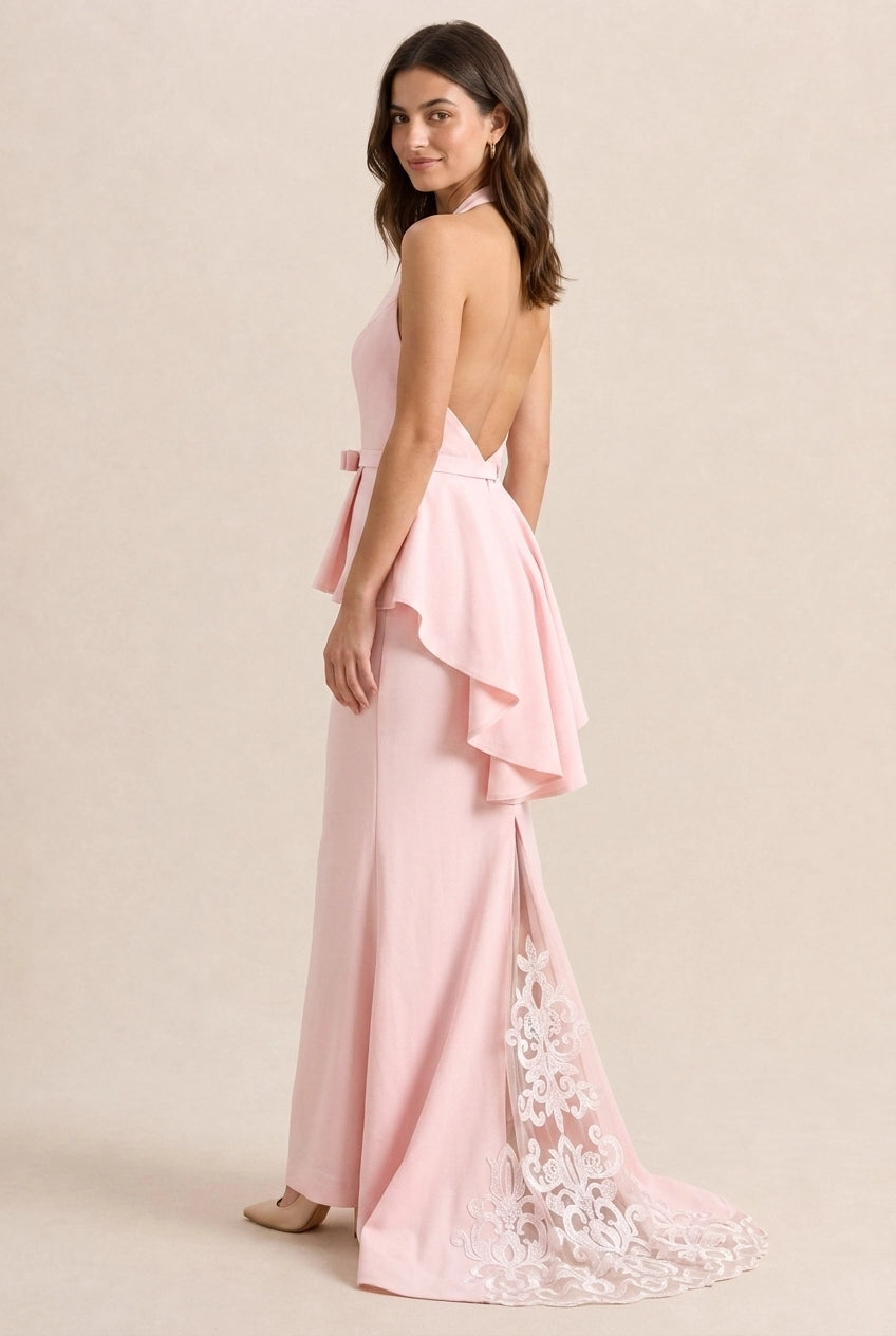 Mermaid Halter Neck Ruffle Blush Pink Floor-Length Prom Dress With Lace Peplum