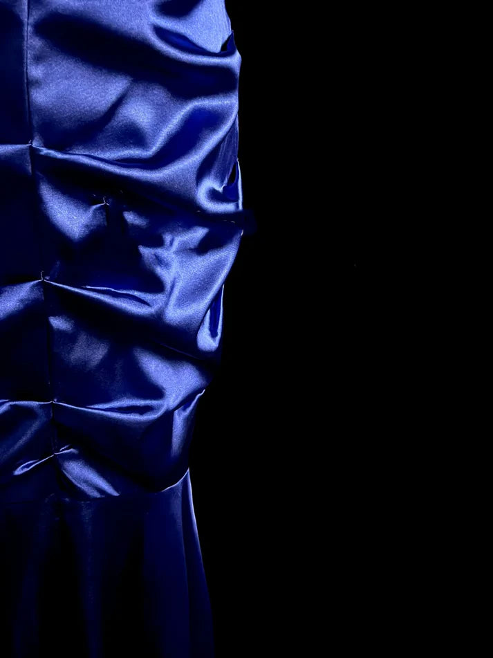 Mermaid Halter Pleated Satin Royal Blue Long Prom Dress Evening Dress