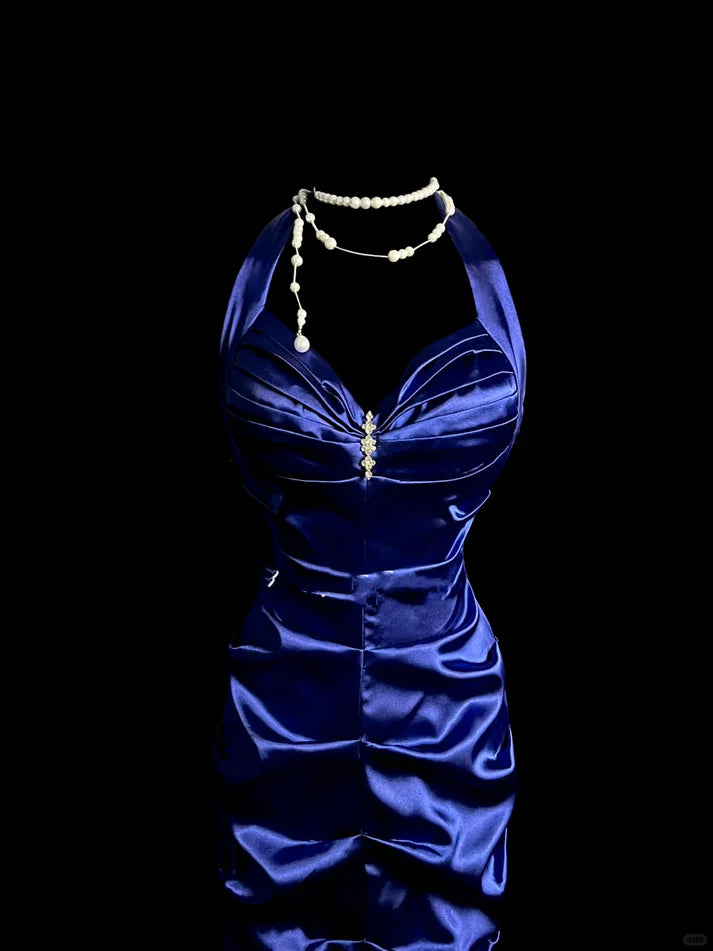 Mermaid Halter Pleated Satin Royal Blue Long Prom Dress Evening Dress