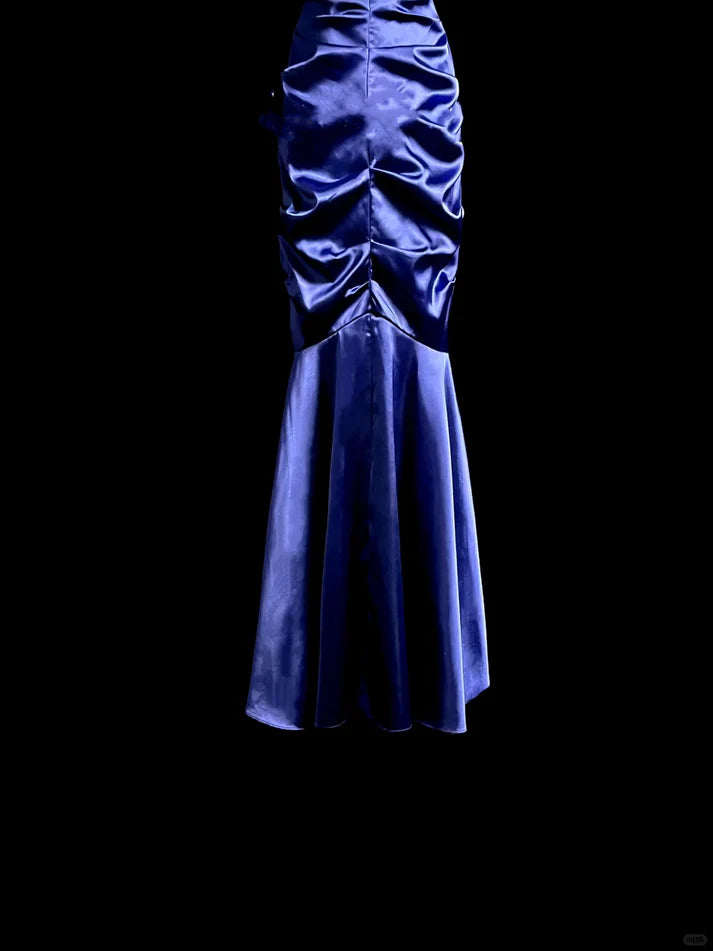 Mermaid Halter Pleated Satin Royal Blue Long Prom Dress Evening Dress