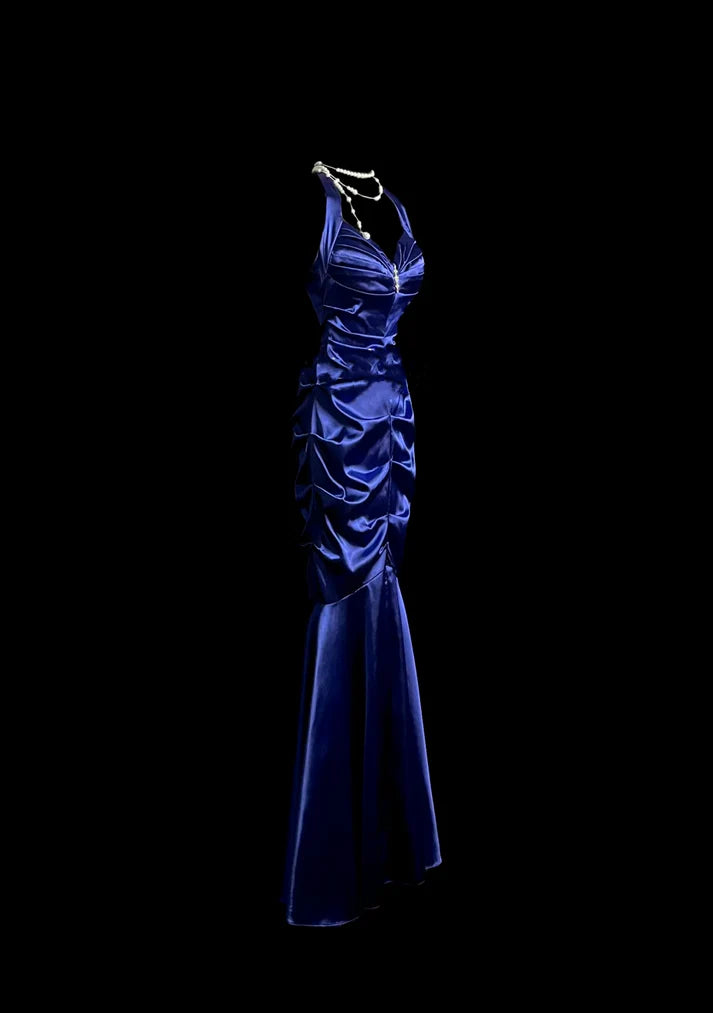Mermaid Halter Pleated Satin Royal Blue Long Prom Dress Evening Dress