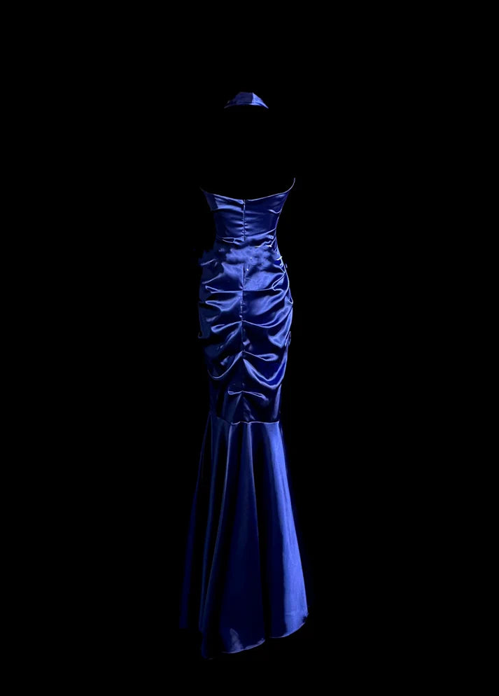 Mermaid Halter Pleated Satin Royal Blue Long Prom Dress Evening Dress