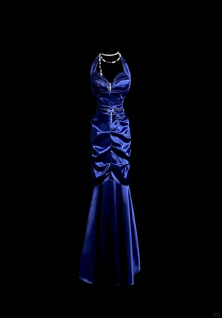 Mermaid Halter Pleated Satin Royal Blue Long Prom Dress Evening Dress