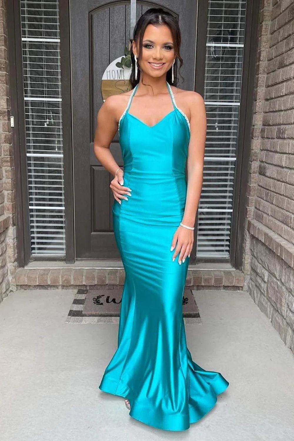 Mermaid Halter Rhinestones Open Back Green Long Prom Dress
