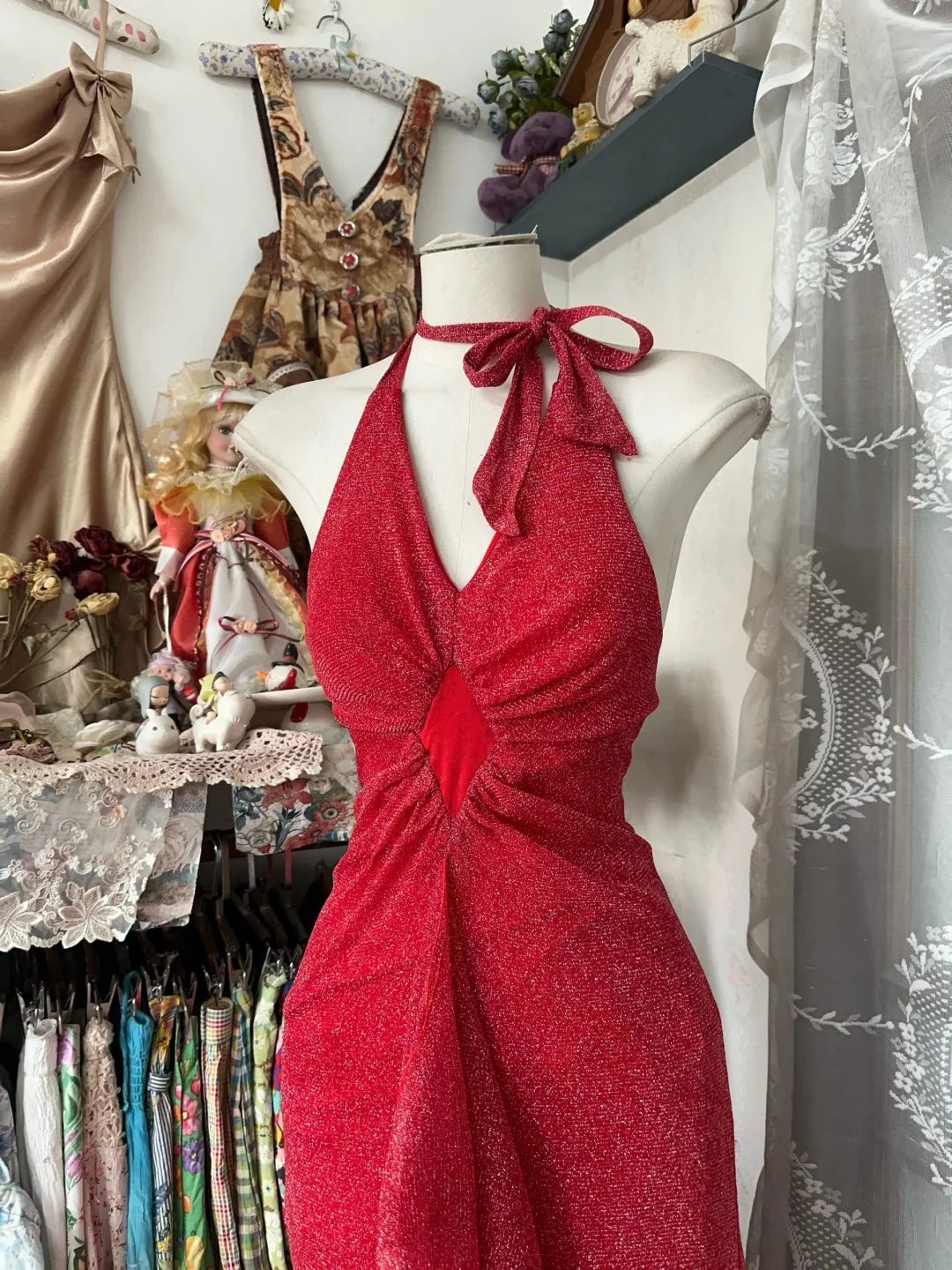 Mermaid Halter Ruffle Open Back Red Long Prom Dress Evening Dress