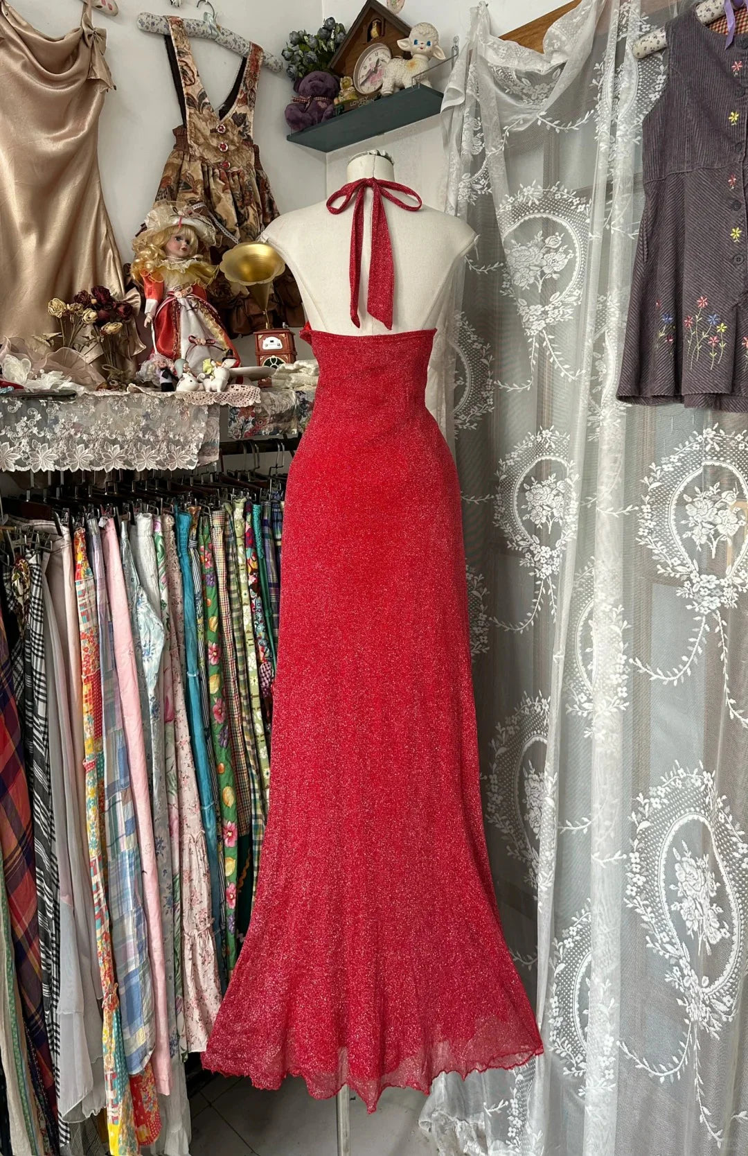 Mermaid Halter Ruffle Open Back Red Long Prom Dress Evening Dress