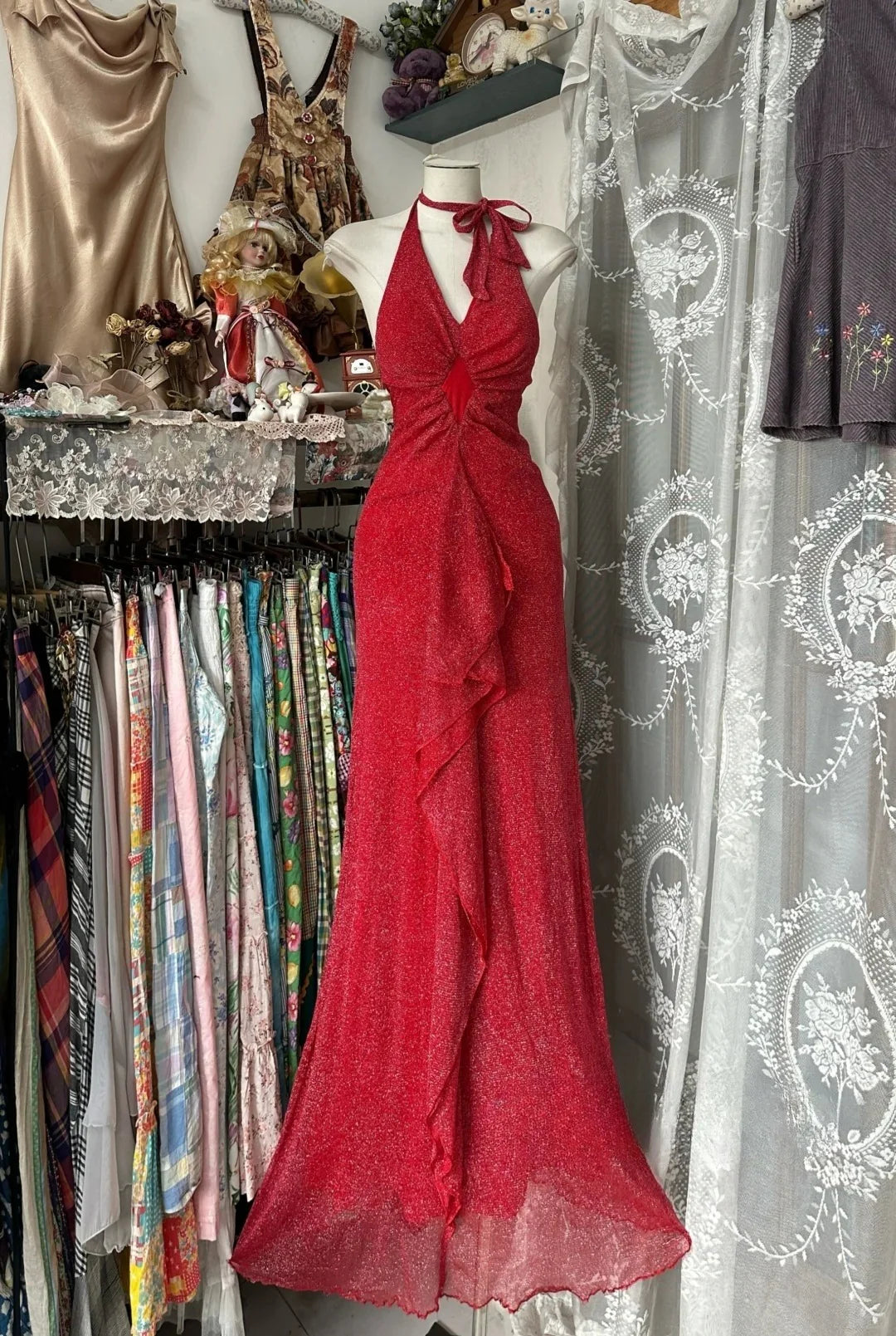 Mermaid Halter Ruffle Open Back Red Long Prom Dress Evening Dress