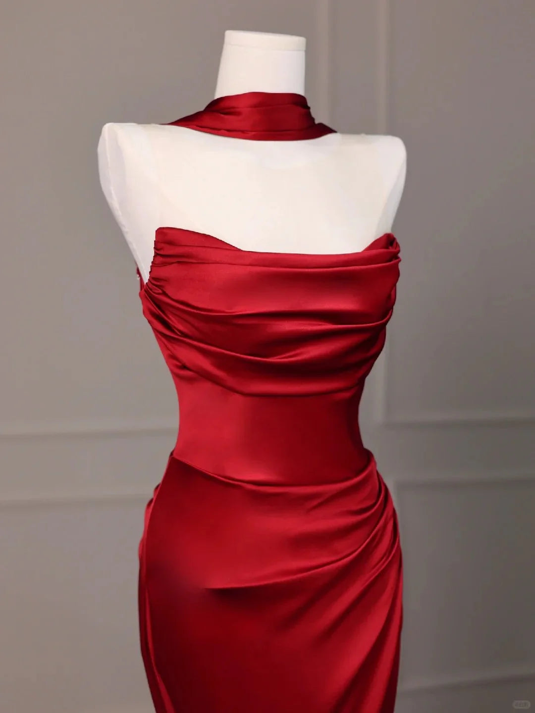 Mermaid Halter Satin Beaded Red Long Evening Dress Prom Dress With Slit