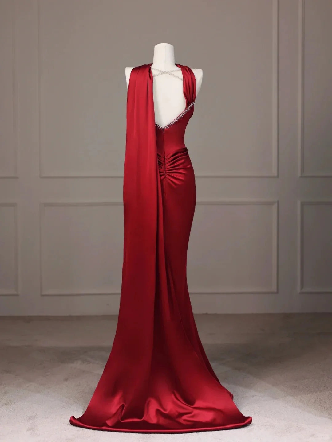 Mermaid Halter Satin Beaded Red Long Evening Dress Prom Dress With Slit