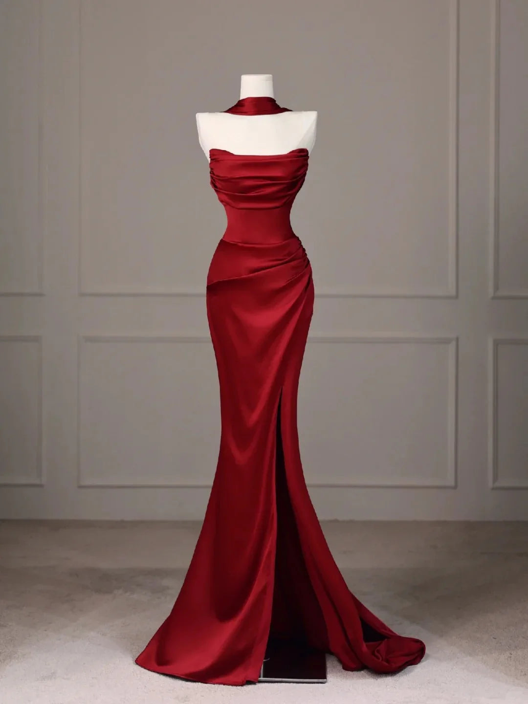 Mermaid Halter Satin Beaded Red Long Evening Dress Prom Dress With Slit