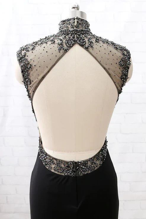 Mermaid High Neck Beaded Backless Black Evening Dress Party Dress
