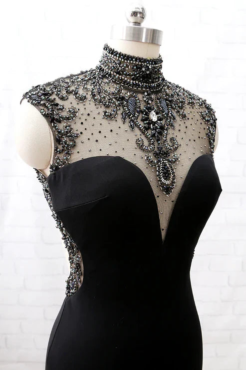 Mermaid High Neck Beaded Backless Black Evening Dress Party Dress