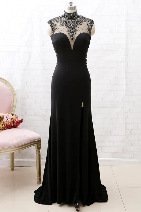 Mermaid High Neck Beaded Backless Black Evening Dress Party Dress