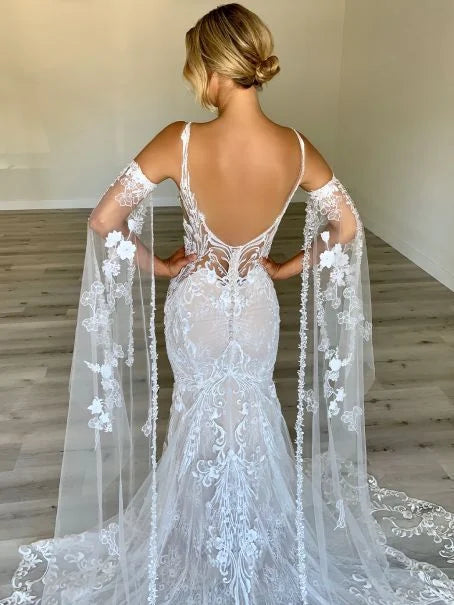 Mermaid Lace Appliques Tulle White Prom Dress Wedding Dress With Train
