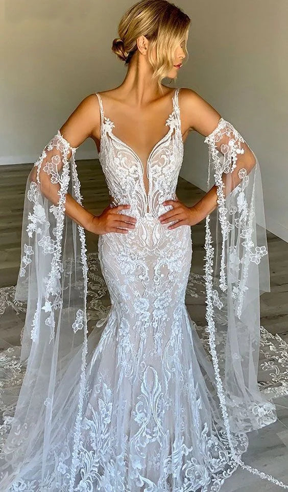 Mermaid Lace Appliques Tulle White Prom Dress Wedding Dress With Train
