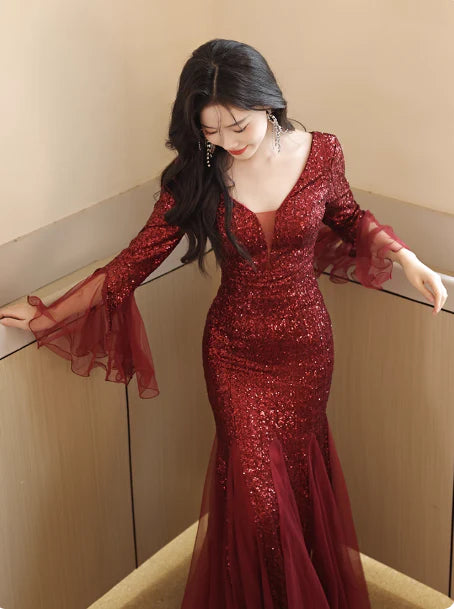 Mermaid Long Sleeve Sequins Burgundy Mother of the Bride Dresses Prom Dresses