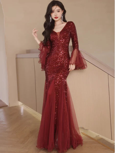 Mermaid Long Sleeve Sequins Burgundy Mother of the Bride Dresses Prom Dresses