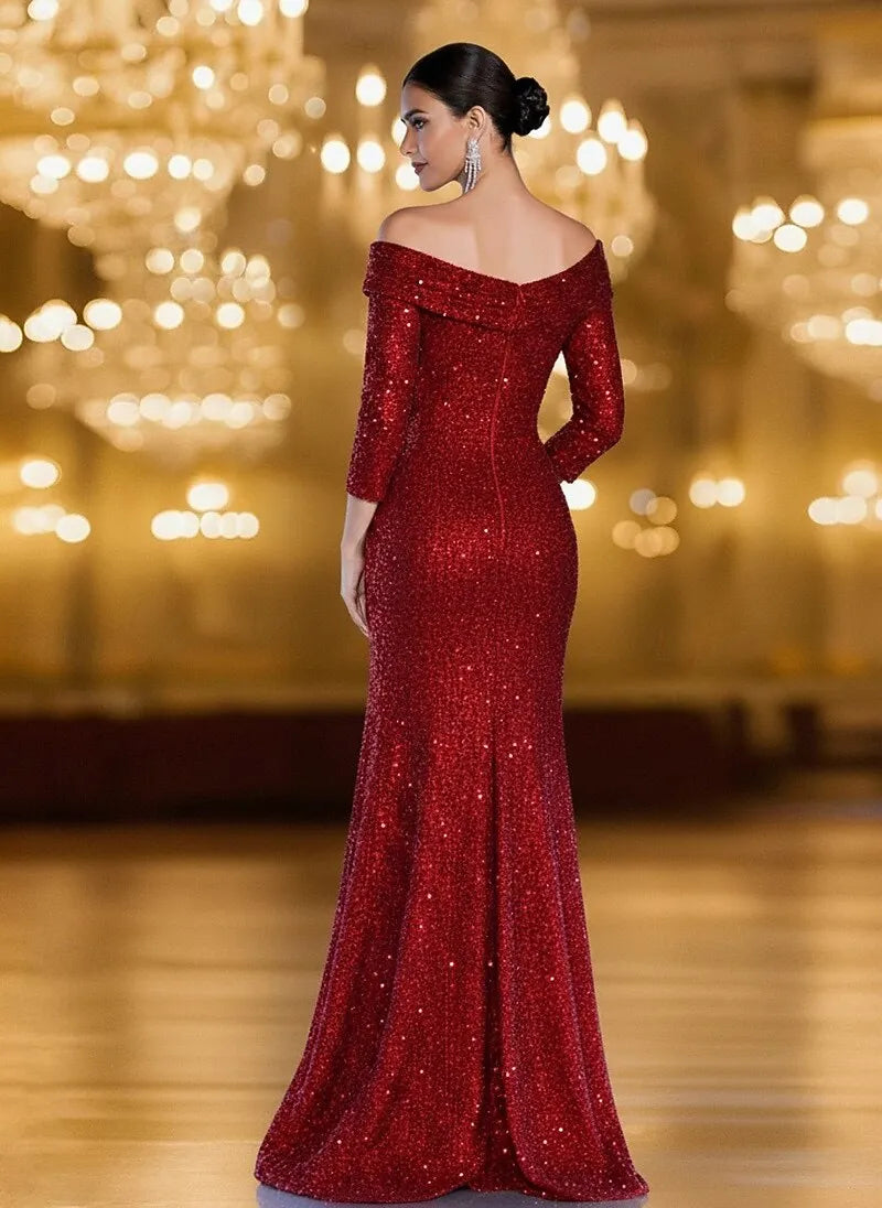 Mermaid Off-Shoulder 3/4 Sleeve Sequin Red Maxi Prom Dress With Slit