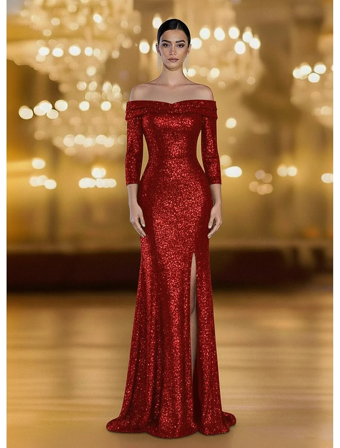 Mermaid Off-Shoulder 3/4 Sleeve Sequin Red Maxi Prom Dress With Slit