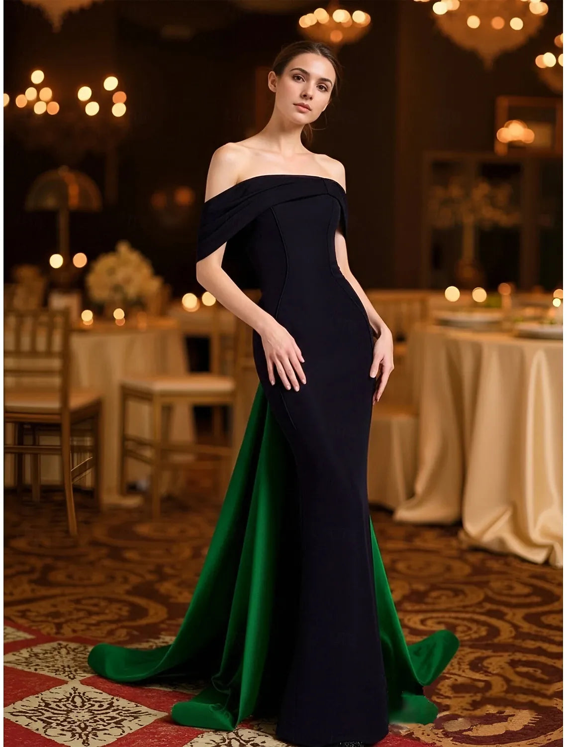 Mermaid Off-Shoulder Contrast Satin Black Green Maxi Prom Dress With Train
