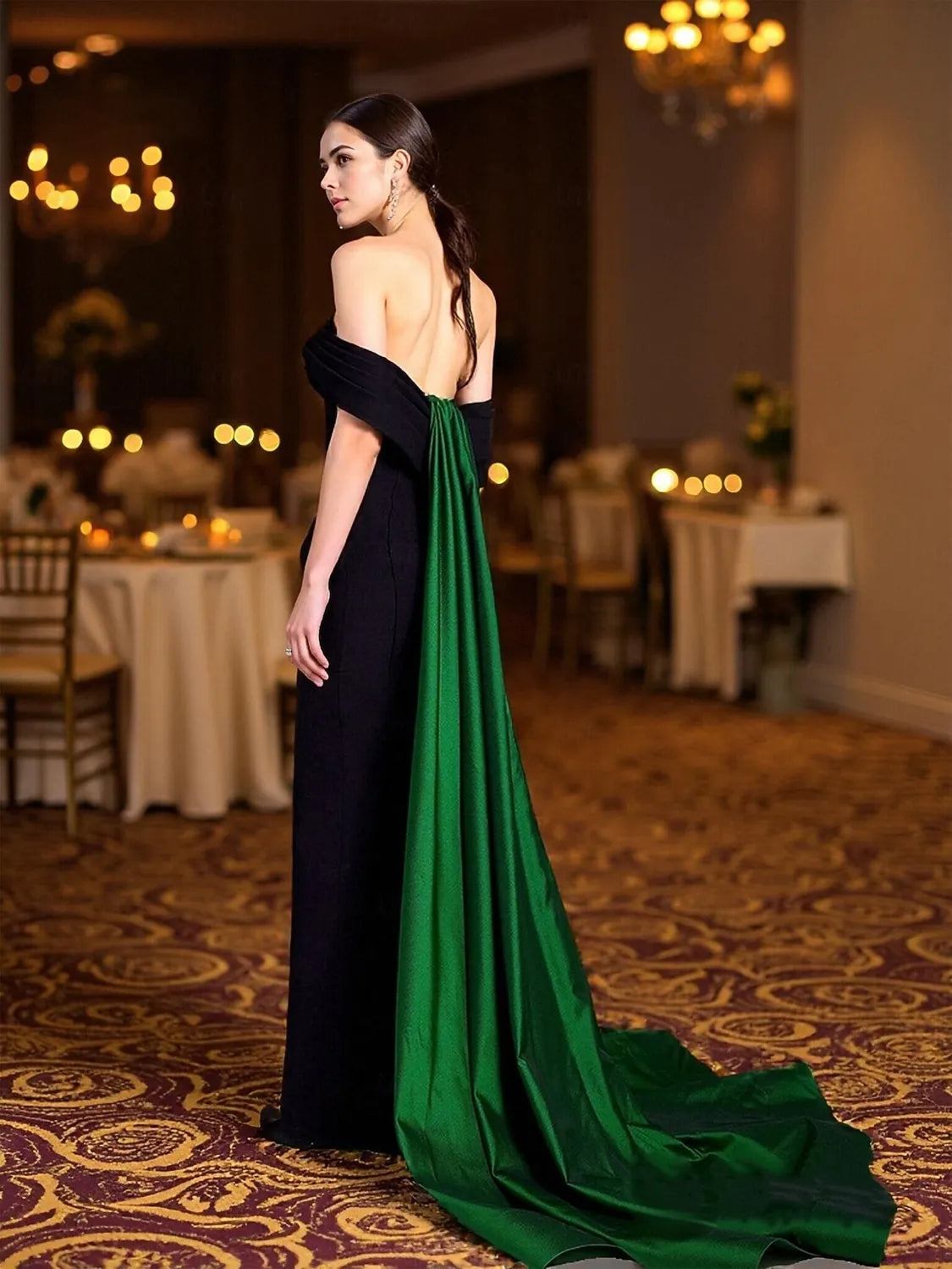 Mermaid Off-Shoulder Contrast Satin Black Green Maxi Prom Dress With Train