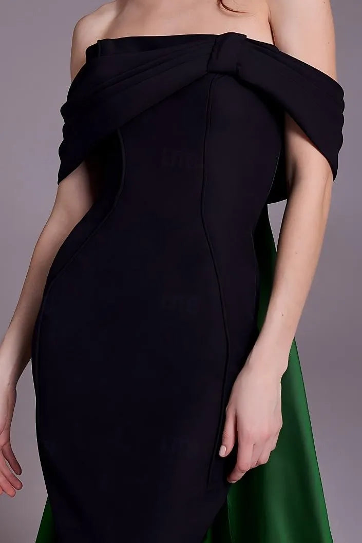 Mermaid Off-Shoulder Contrast Satin Black Green Maxi Prom Dress With Train
