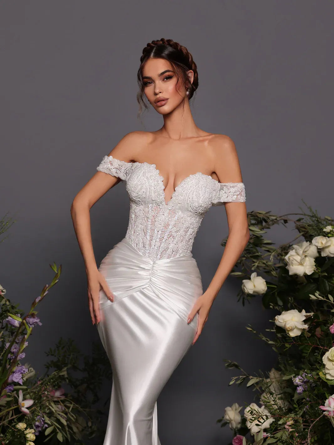 Mermaid Off-Shoulder Corset Lace Beaded White Evening Dress With Sweep Train
