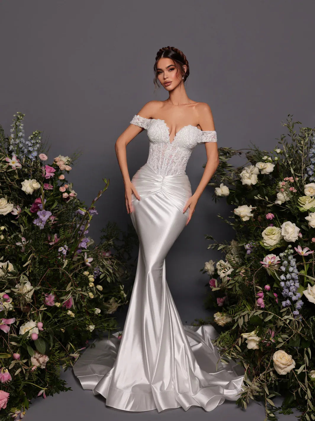 Mermaid Off-Shoulder Corset Lace Beaded White Evening Dress With Sweep Train