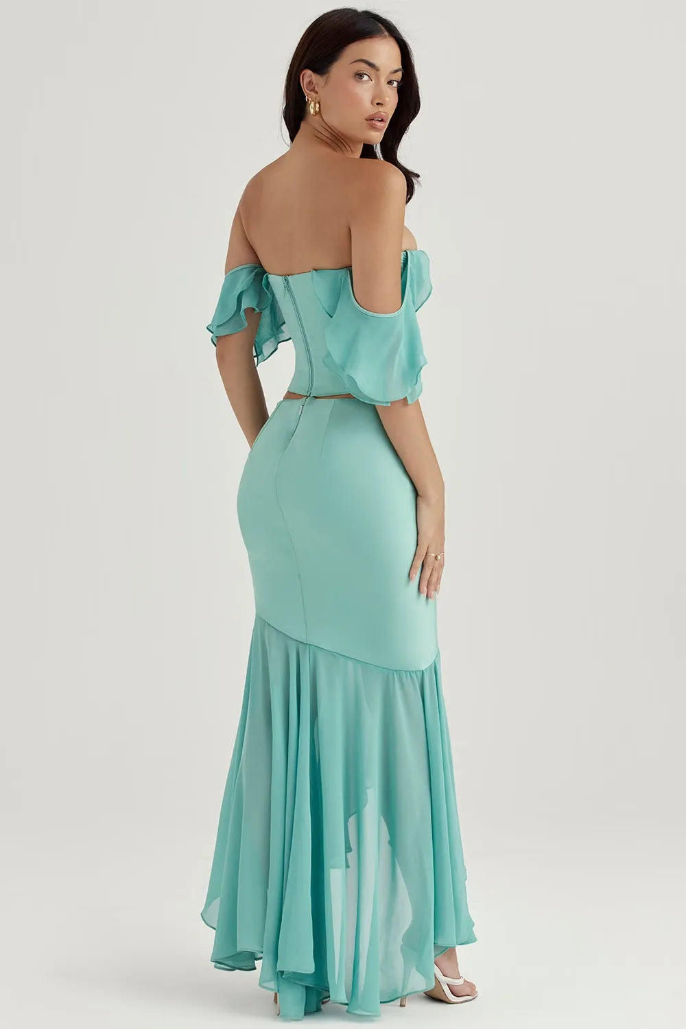 Mermaid Off-Shoulder Corset Ruffled Two-Piece Turquoise Floor-Length Prom Dress