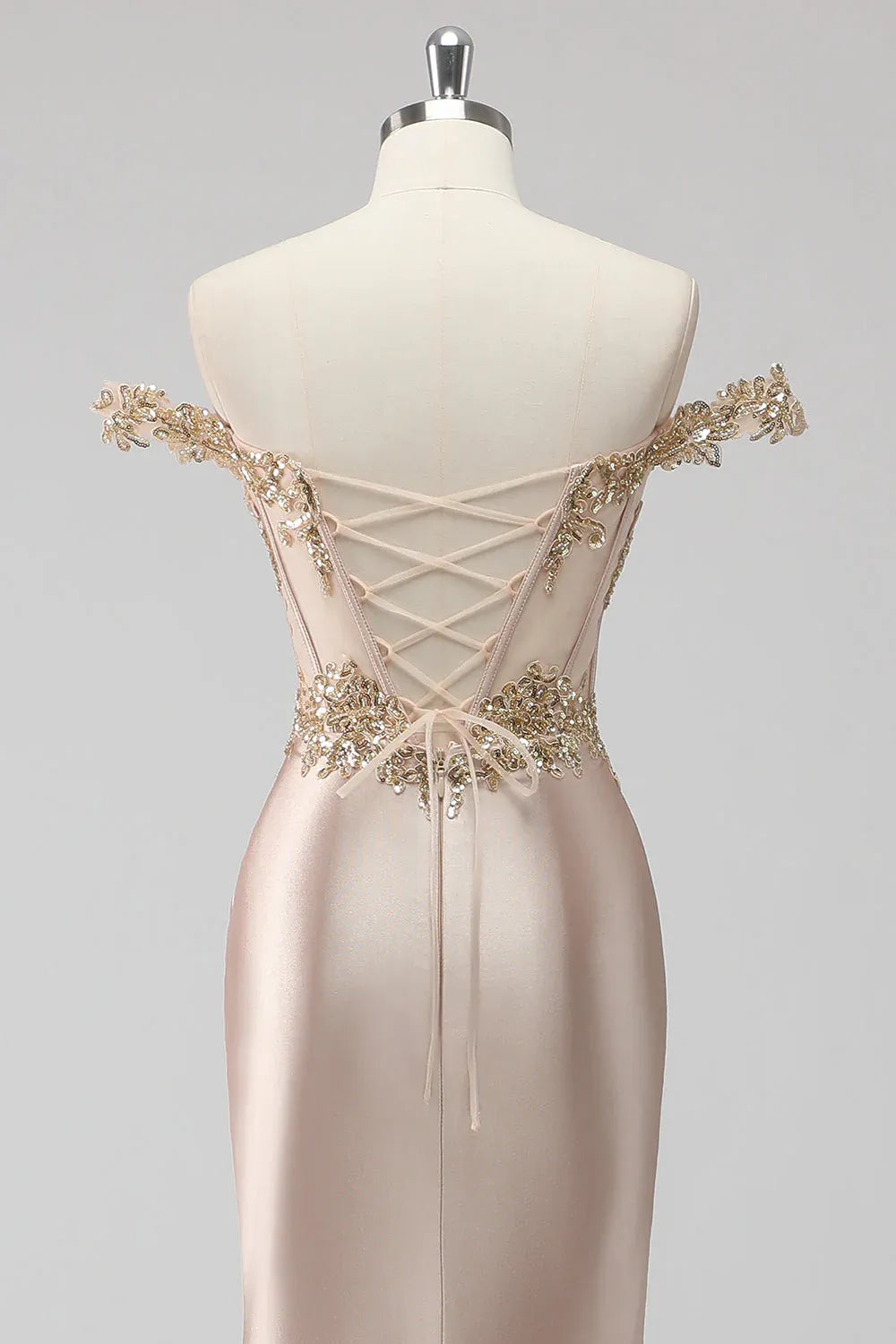 Mermaid Off-Shoulder Corset Sequins Appliqued Satin Champagne Maxi Prom Dress With Slit