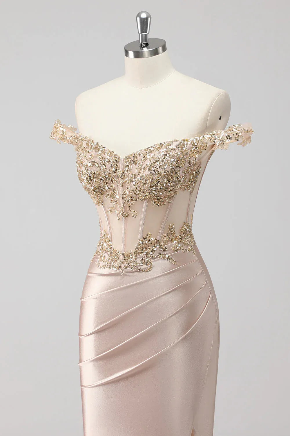 Mermaid Off-Shoulder Corset Sequins Appliqued Satin Champagne Maxi Prom Dress With Slit