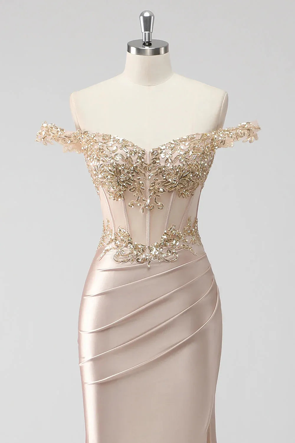 Mermaid Off-Shoulder Corset Sequins Appliqued Satin Champagne Maxi Prom Dress With Slit